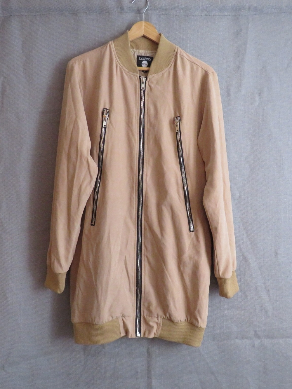 boohoo Long Bomber Jacket in Beige
